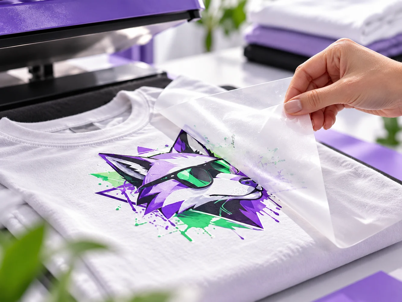 Pelage d’un transfert DTF sur un t-shirt personnalisé
